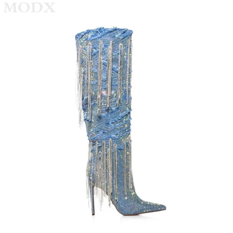 Denim Crystal Metallic Tassel Fringe Rhinestone Embellished Pointed Toe Stiletto Knee-High Western Cowgirl Boots