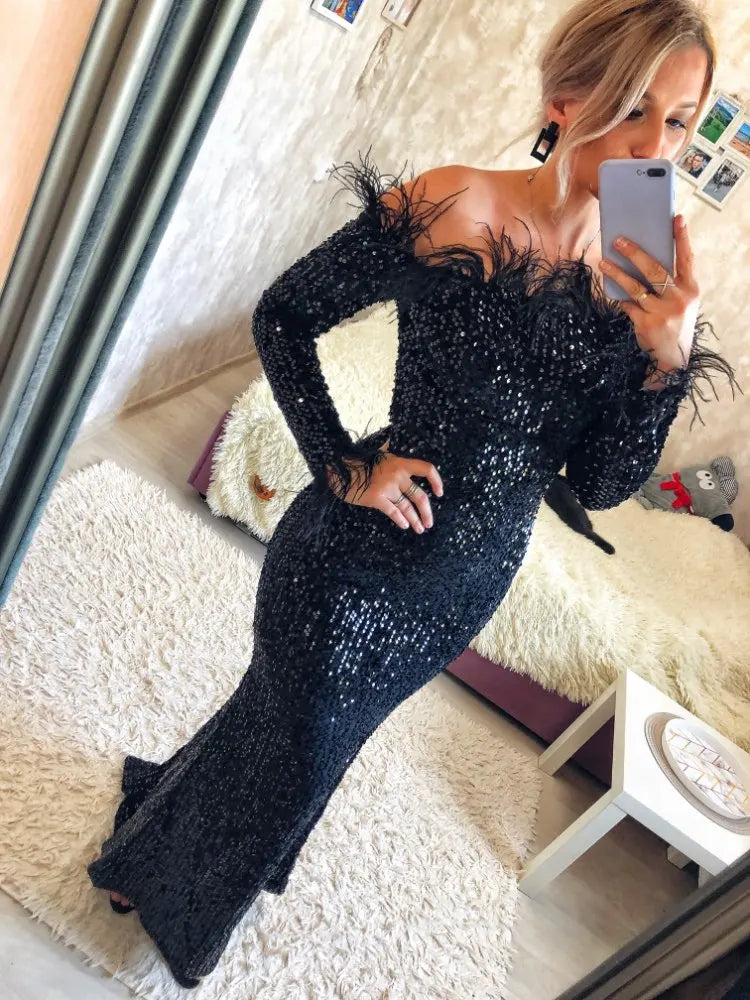 Feather Slash Neck Sequined Velvet Off-the-Shoulder Feather Long Sleeve Floor Length Mermaid Maxi Dress