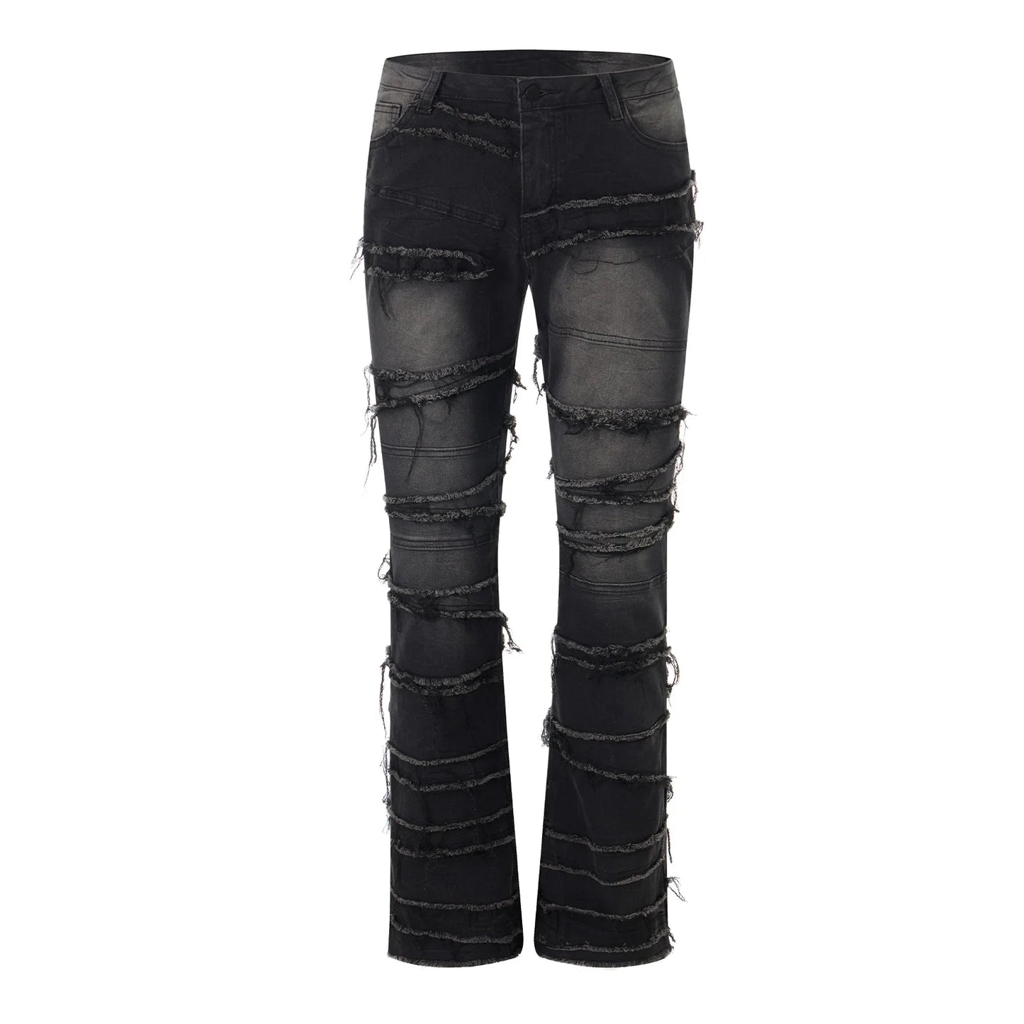 Men's Denim Black Monkey Washed Tiered Tassel Fringe Design Pull-On Raw Trim Pockets Straight Leg Jeans