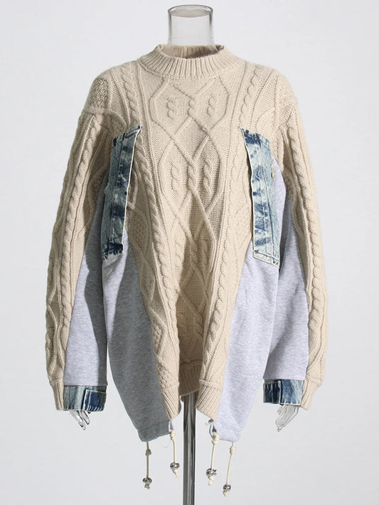 Patchwork Denim Colorblock Round Neck Long Sleeve Streetwear Sweater