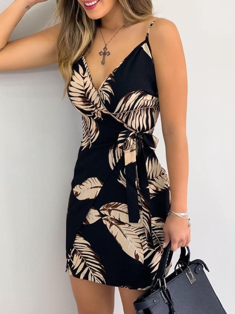 Tropical Print Spaghetti Strap V-Neck Mini Wrap Dress