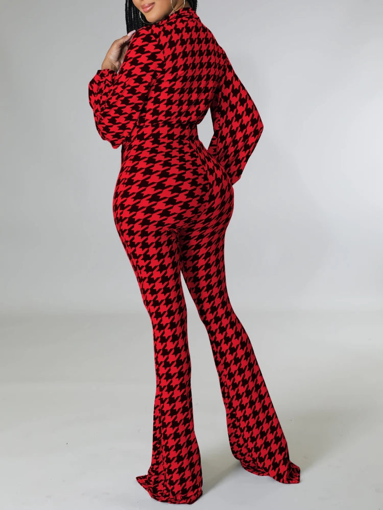 Plaid Houndstooth Deep V-Neck Long Sleeve Belted Bootcut Jumpsuit to 3X Plus Size