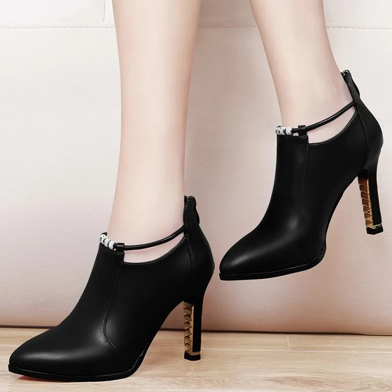 Shallow PU Leather Round Toe Women's Thin Heel Zipper Ankle Boots