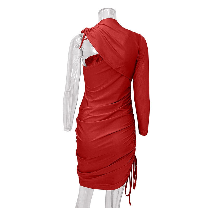 One Shoulder Drawstring Ruched Bodycon Solid Long Sleeve Dress