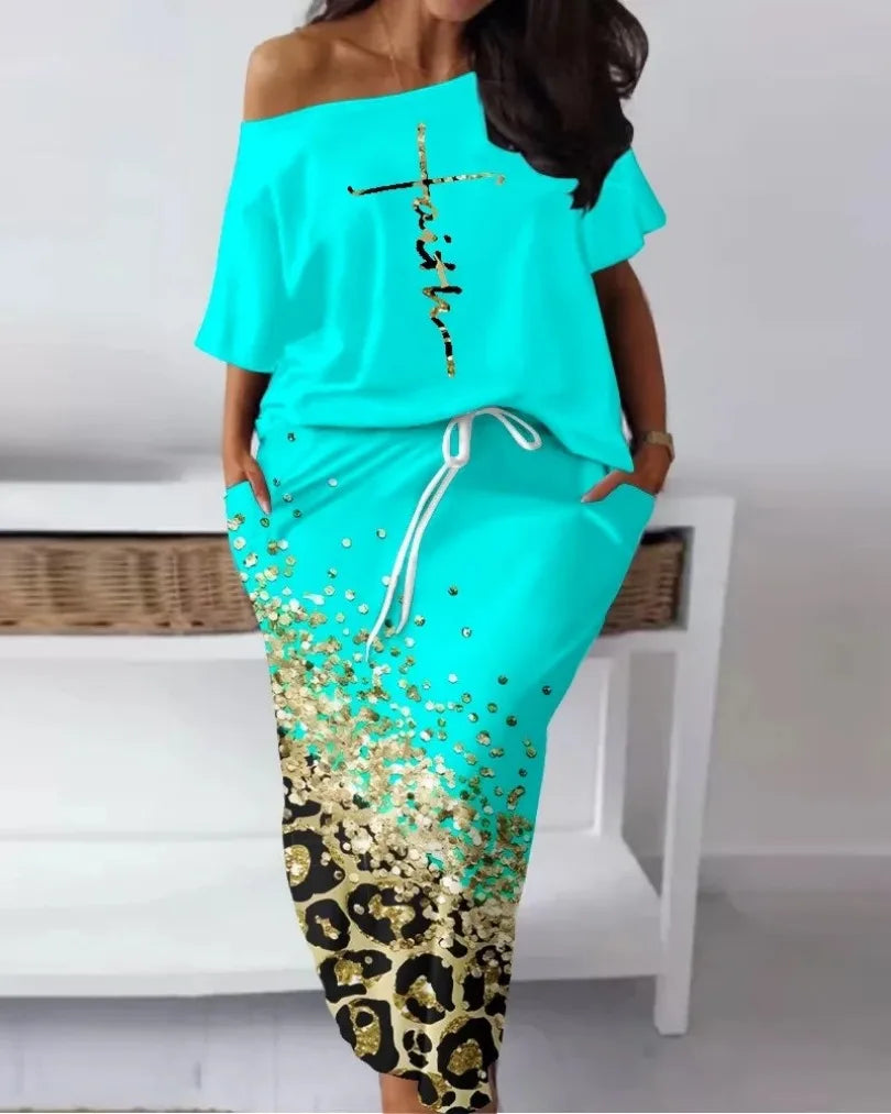 "FAITH" Off Shoulder 1/2 Short Sleeve Ladies Top + Matching Maxi Skirt 2-Piece Set