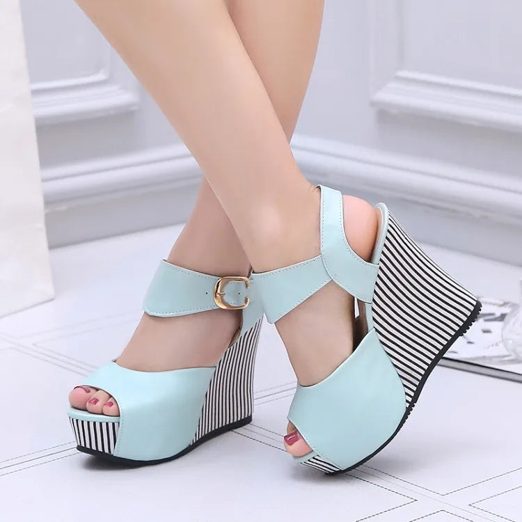 Striped Colorblock  Wedge Platform Heel Fish Mouth Slope Heel Women's Sandals