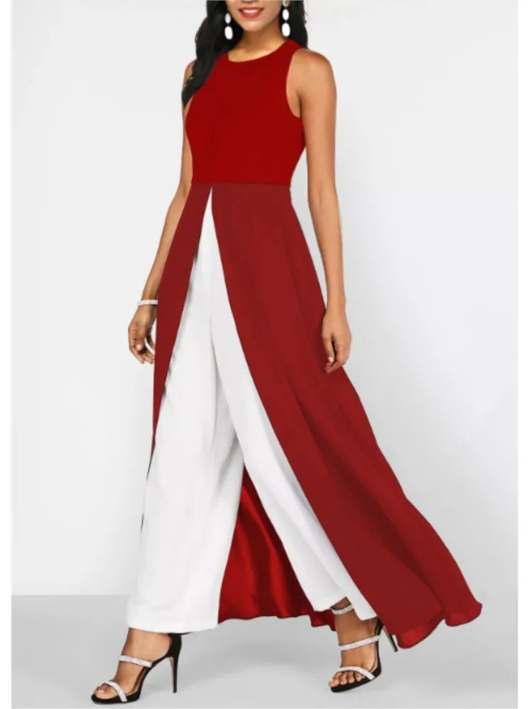 Colorblock Layered Women's Sleeveless O-Neck Skinny High Slit Maxi Formal Jumpsuit