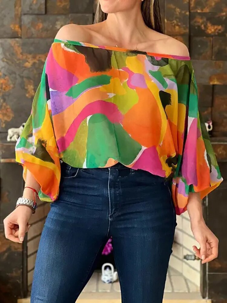 Lantern Sleeve Off Shoulder Printed Blouse to 3X