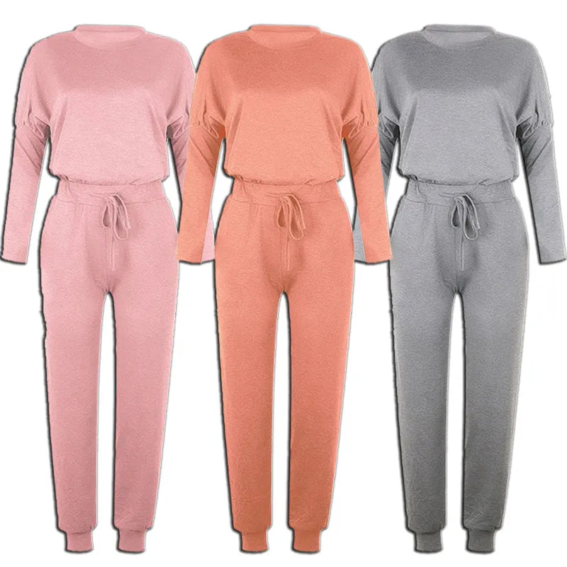 O-Neck Loose Fit Solid Color Long Sleeve Tops + Pants 2-Piece Set