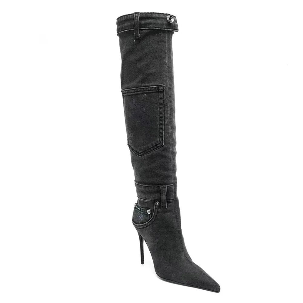 Camoflauge/Denim Over-the-Knee Pocket Pointed Toe Stiletto Boots