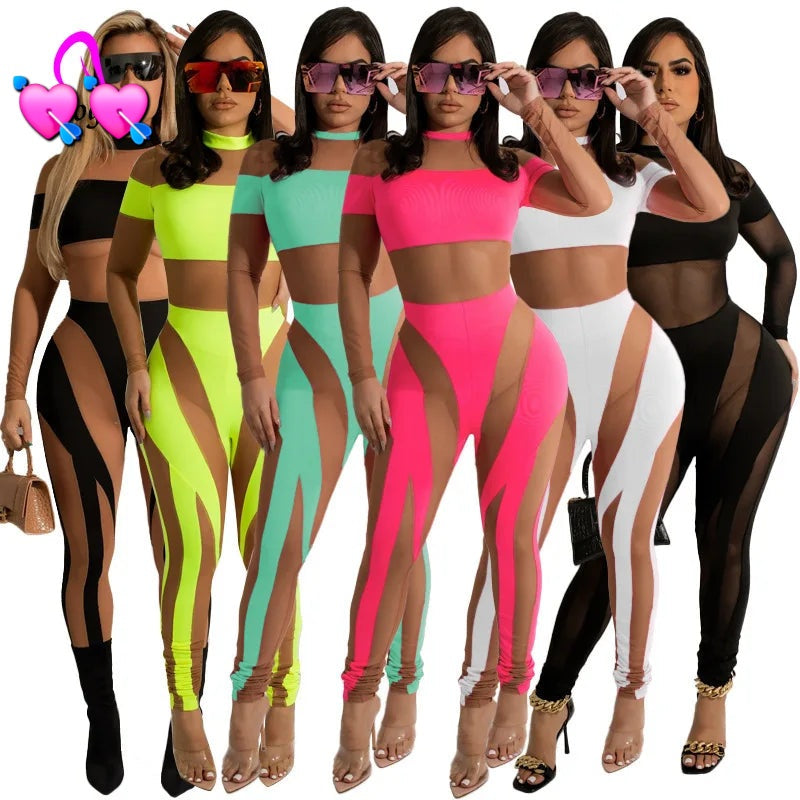 Neon Color Sheer Mesh Transparent Hollow-Out Skinny Sleeveless Club Jumpsuit to 5X Plus Size