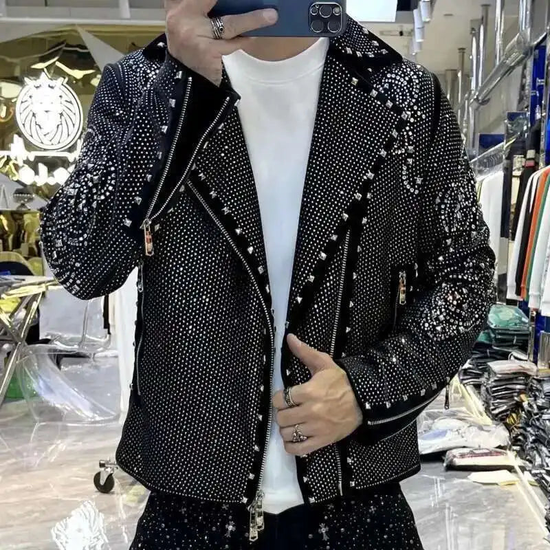 Men's Black PU Leather Rhinestone Hot Drill Design Turn-Down Collar Hip-Hop Biker Jacket