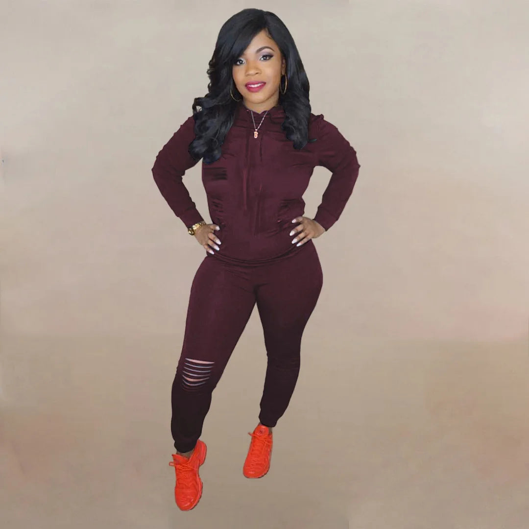 Drawstring Ripped Hollow-Out Women's Solid Color Hoodie Sweatshirt & Ripped Skinny Jogger Sweatpants Tracksuit