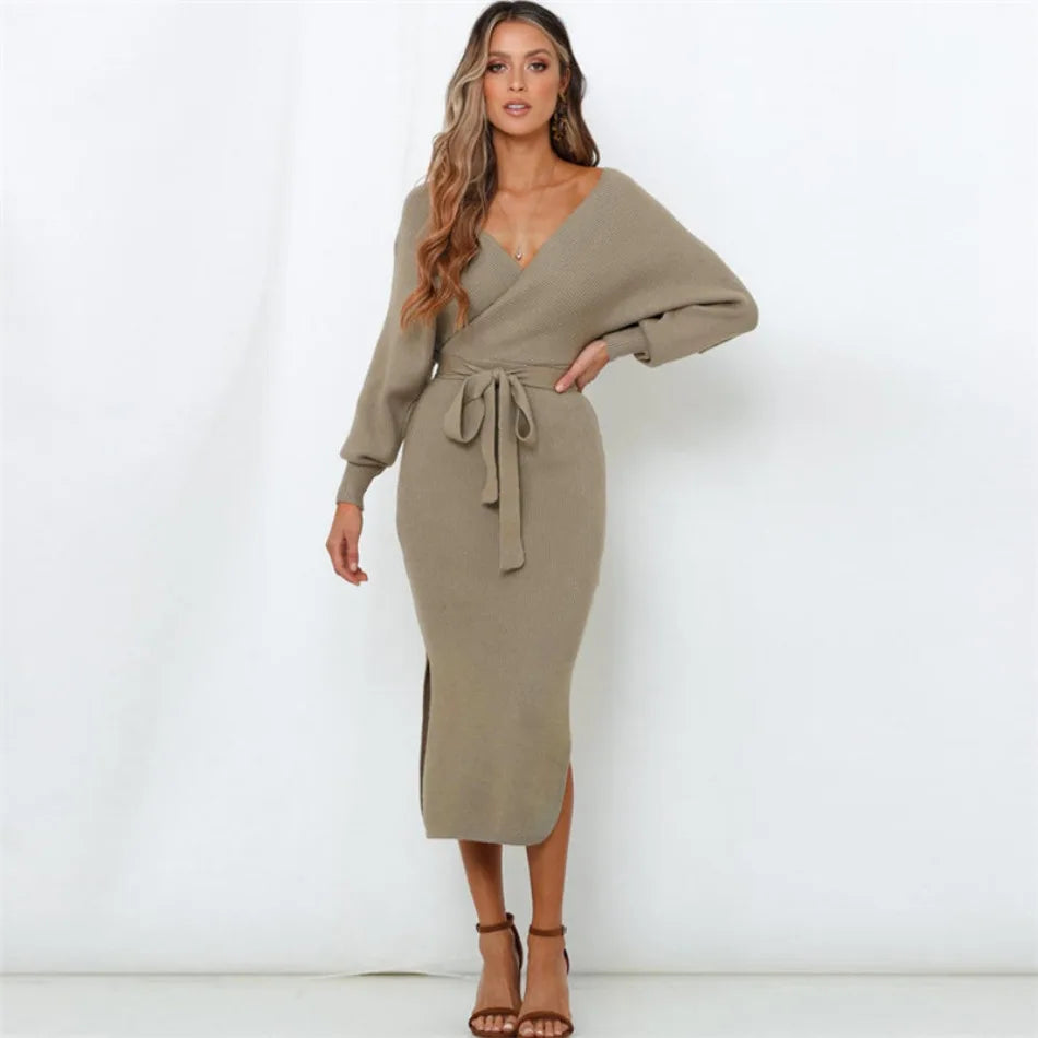 Off-the-Shoulder V-Neck Solid Long Batwing Sleeve Lace-Up High Slit Knitted Sweater Dress