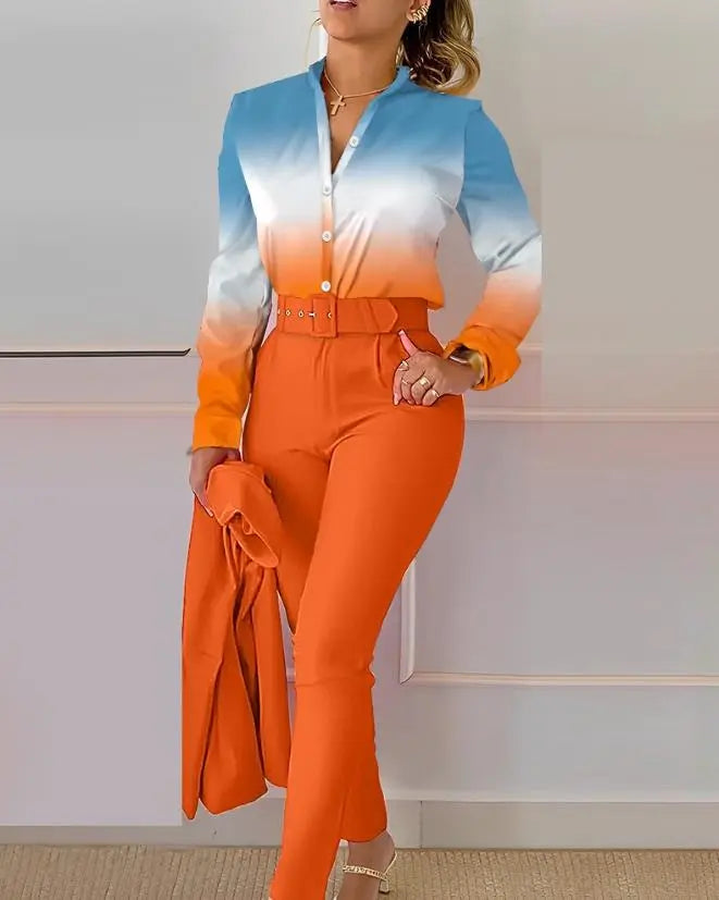 Orange/Baby Blue Ombre Gradient Colorblock Turn-Down Collar Long Sleeve Buttoned Blouse & High Waist Pocket Pants 2-Piece Set