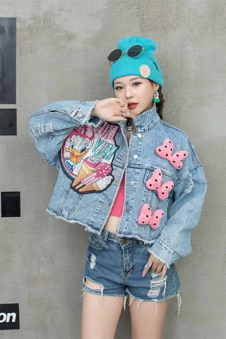 Denim Daffy Duck/Minnie Mouse Cartoon Print Big Pink/Red Bowknot Embroidered Women's Sequin Short Loose Jean Jacket