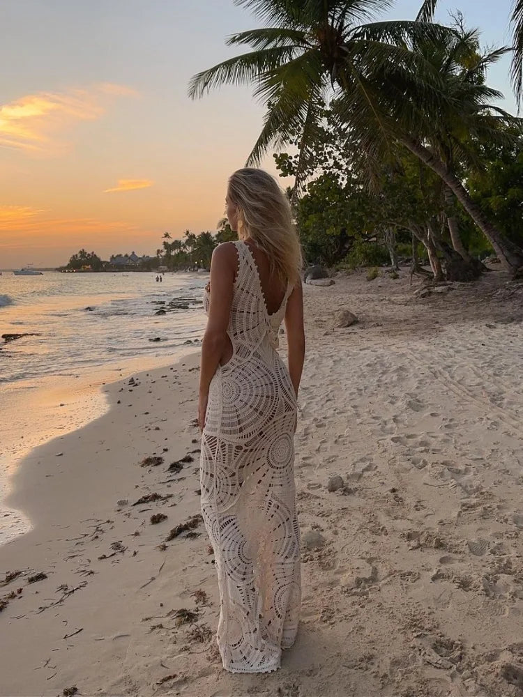 White Knitted Crochet Hollow-Out Sleeveless Backless Beachwear Maxi Dress