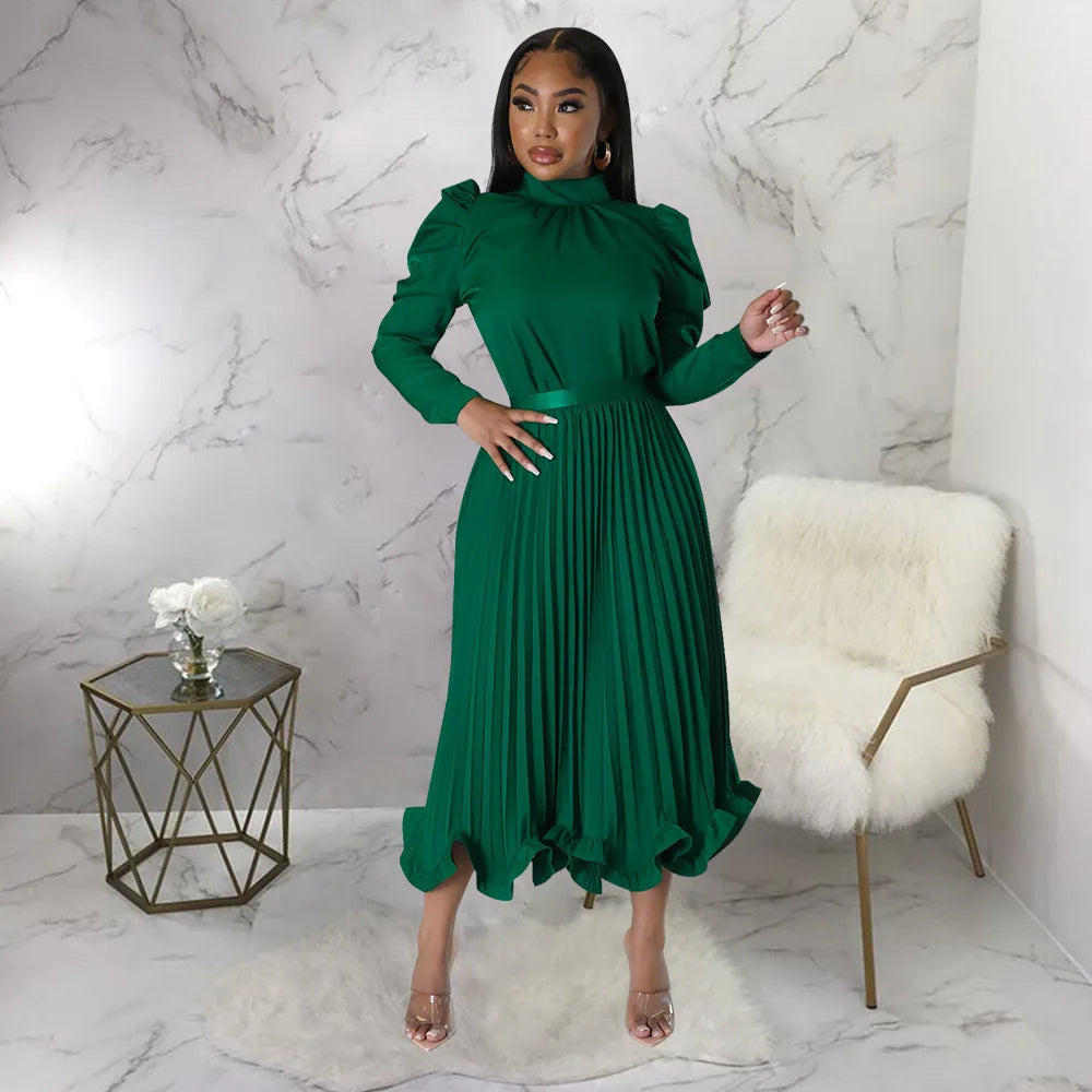 Women’s Solid Color O-Neck Lantern Sleeve Blouse + A-Line Flounce Formal Pleated Maxi Skirt w/ Sash Belt 2-Piece Set