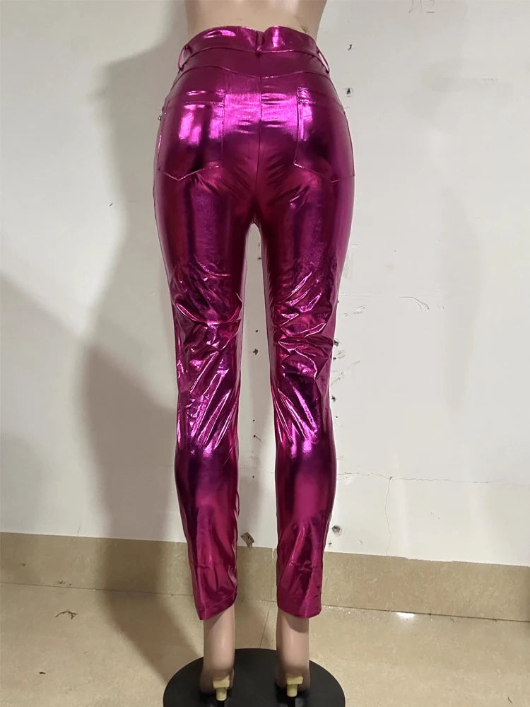Rhinestone Metallic PU Leather Heart Cut-Out Design High Waist Women's Bodycon Pants