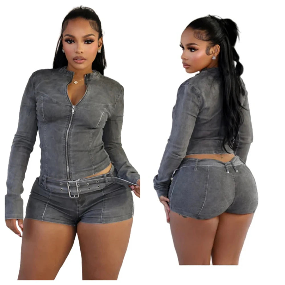 Denim Grey Faded Stretch Women's Long Sleeve Zipper Jacket + Streetwear Belted Jean Shorts 2-Piece Set
