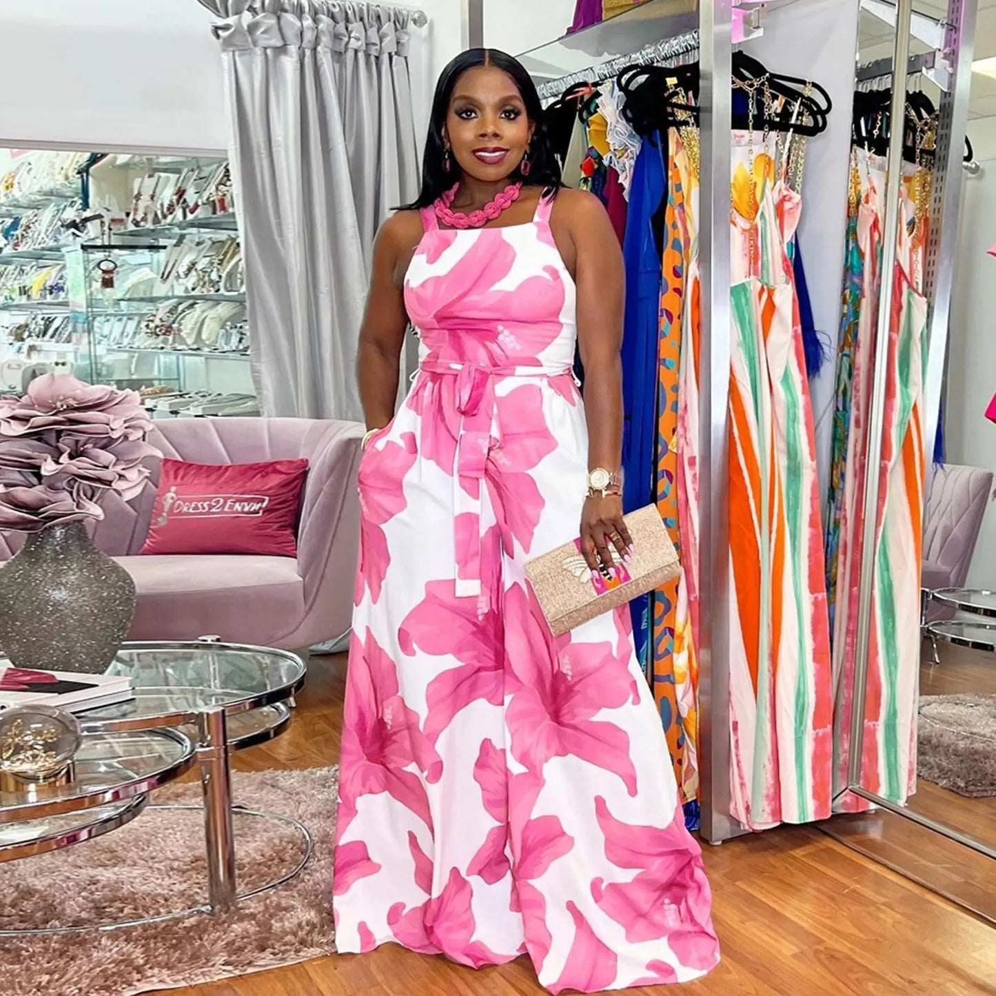 Sleeveless Faux Denim Colorblock/Tropical Flower Print Square Halter Strap Neck Wide Leg Bellbottom Overall Jumpsuit