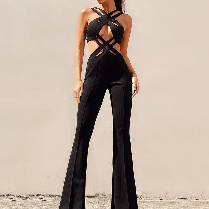 Criss-Cross Sleeveless Hollow-Out Backless Nipped Waist Irregular Jumpsuit