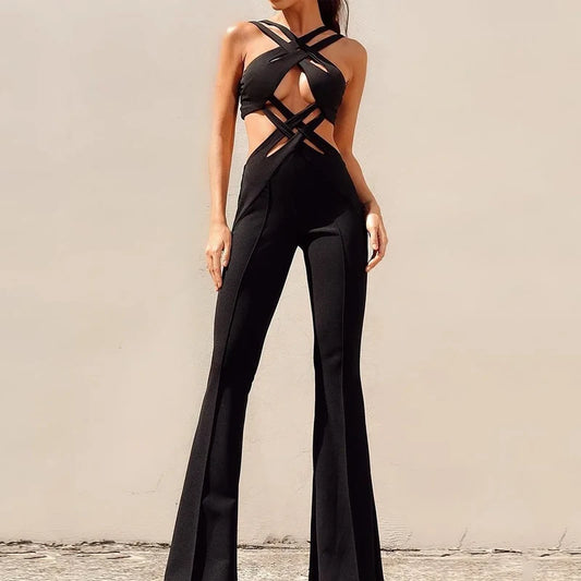 Criss-Cross Sleeveless Hollow-Out Backless Nipped Waist Irregular Jumpsuit