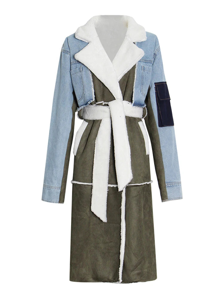 Colorblock Patchwork Lace-Up Loose Women Lapel Spliced Denim Trenchcoat