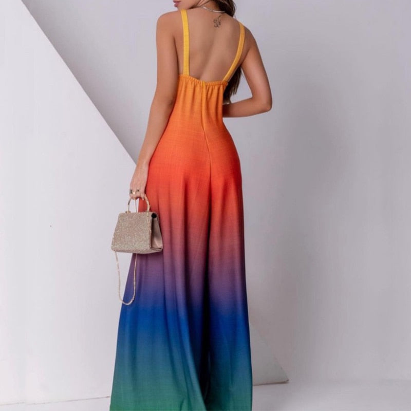 Gradient Colorblock/Floral/Geometric Printed Sleeveless Backless Wide Leg Pocketed Jumpsuit