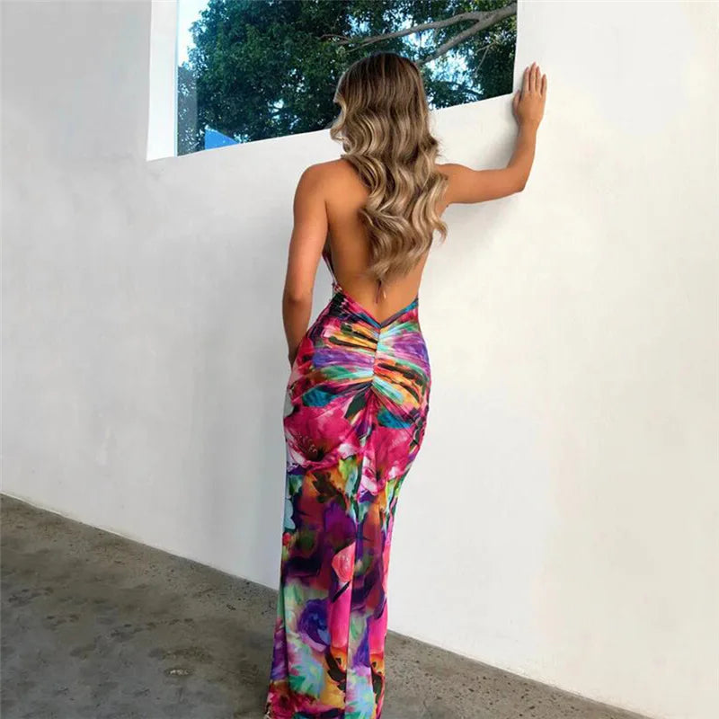 Hot Pink Floral Lace Spaghetti Strap Backless Sleeveless Suspender Maxi Dress