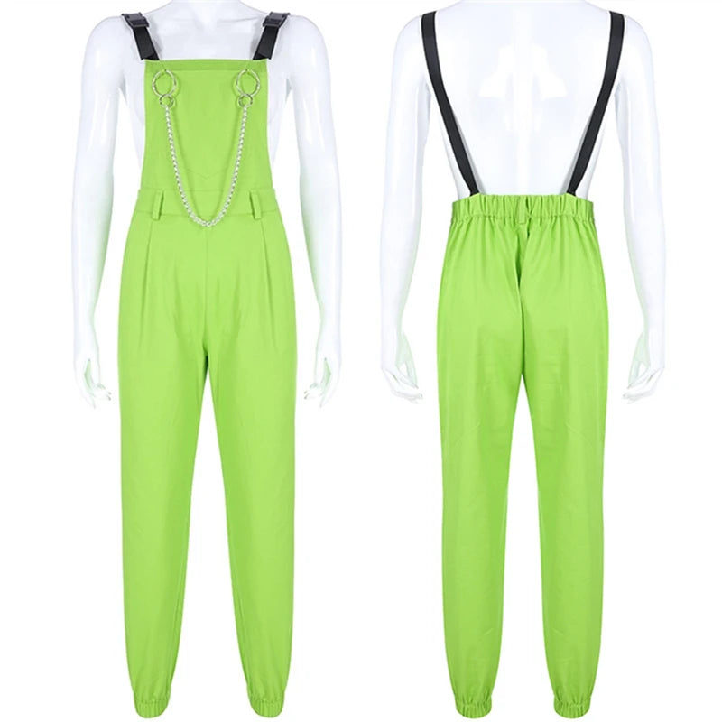 Fluorescent Green Sleeveless Suspender Strap Women's Streetwear Overall Jumpsuit Hip-Hop Dance Costume