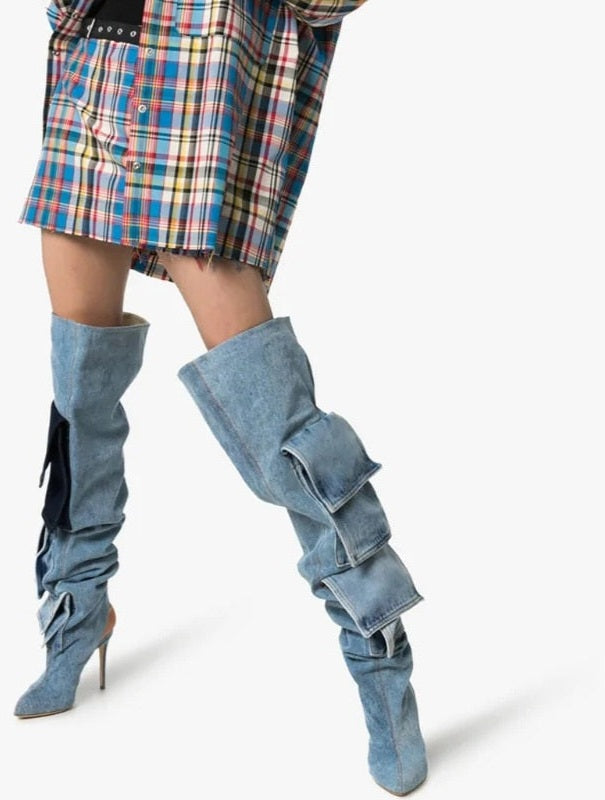 Denim Colorblock Thigh High Cargo Pocket Over-the-Knee Cowgirl Pointed Toe Boots