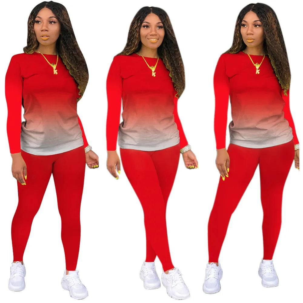 Gradient Colorblock Long-Sleeved Ladies Top + Leggings 2-Piece Set