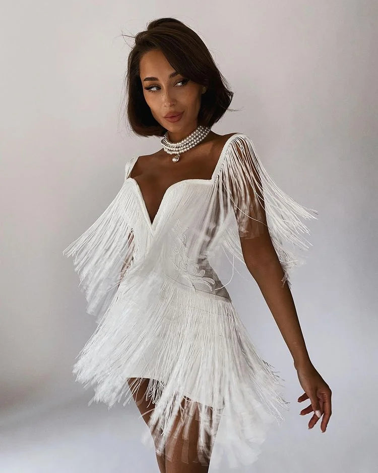 Off-the-Shoulder Tassel Fringe Design Bandage Strapless Zipper Back V-Neck Mini Formal Bodycon Party Dress