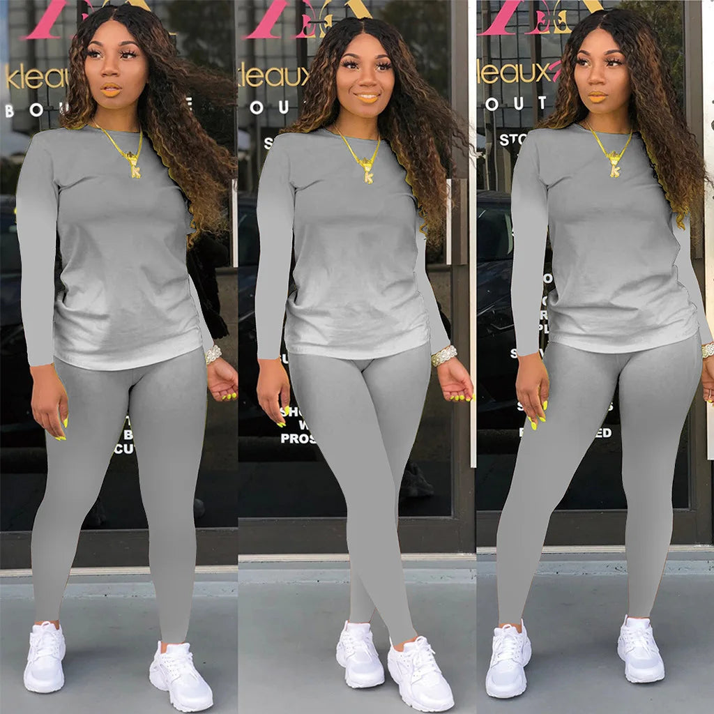 Gradient Colorblock Long-Sleeved Ladies Top + Leggings 2-Piece Set