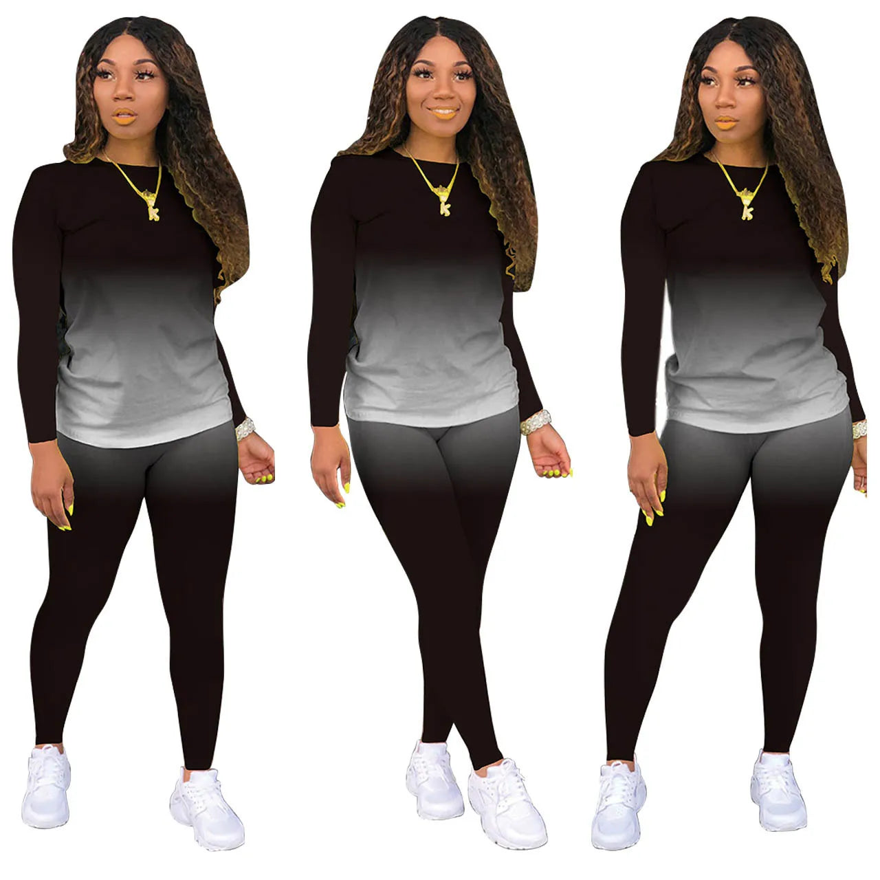 Gradient Colorblock Long-Sleeved Ladies Top + Leggings 2-Piece Set