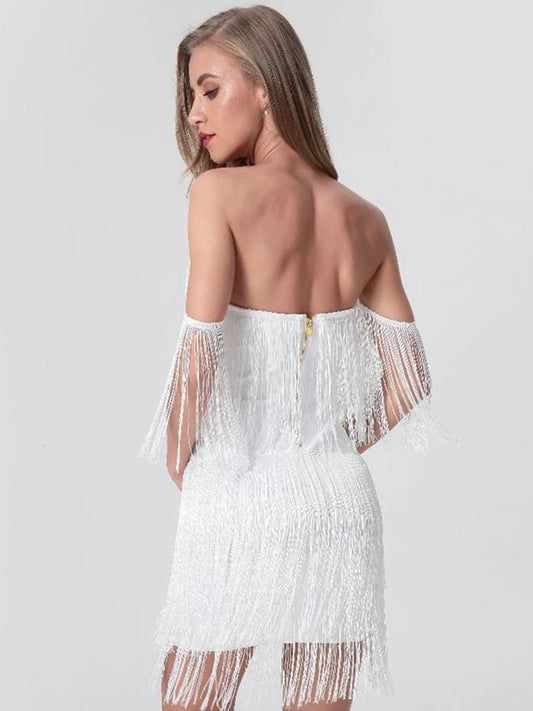 Off-the-Shoulder Tassel Fringe Design Bandage Strapless Zipper Back V-Neck Mini Formal Bodycon Party Dress