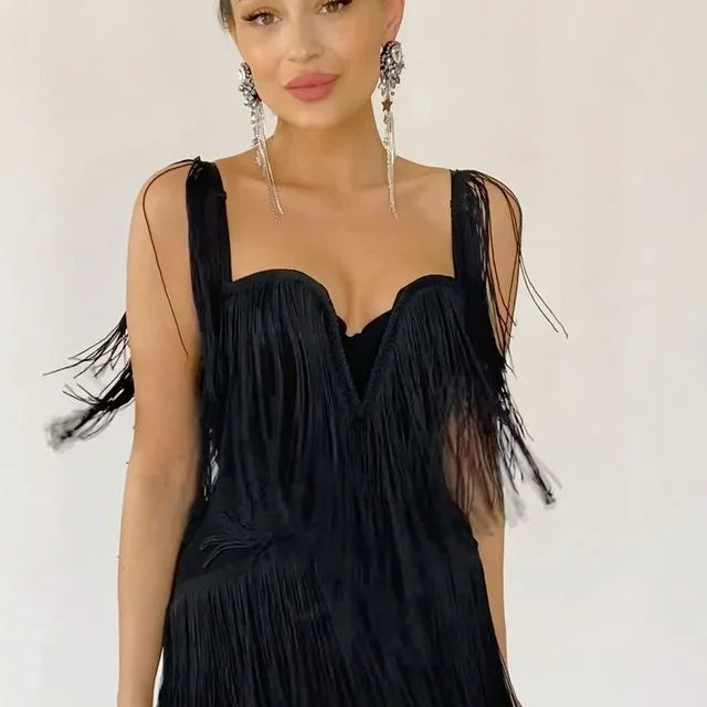 Off-the-Shoulder Tassel Fringe Design Bandage Strapless Zipper Back V-Neck Mini Formal Bodycon Party Dress