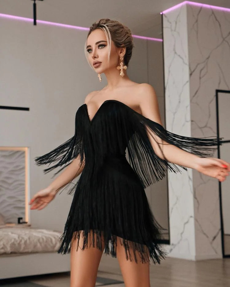 Off-the-Shoulder Tassel Fringe Design Bandage Strapless Zipper Back V-Neck Mini Formal Bodycon Party Dress