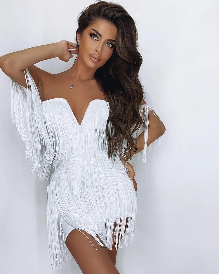 Off-the-Shoulder Tassel Fringe Design Bandage Strapless Zipper Back V-Neck Mini Formal Bodycon Party Dress