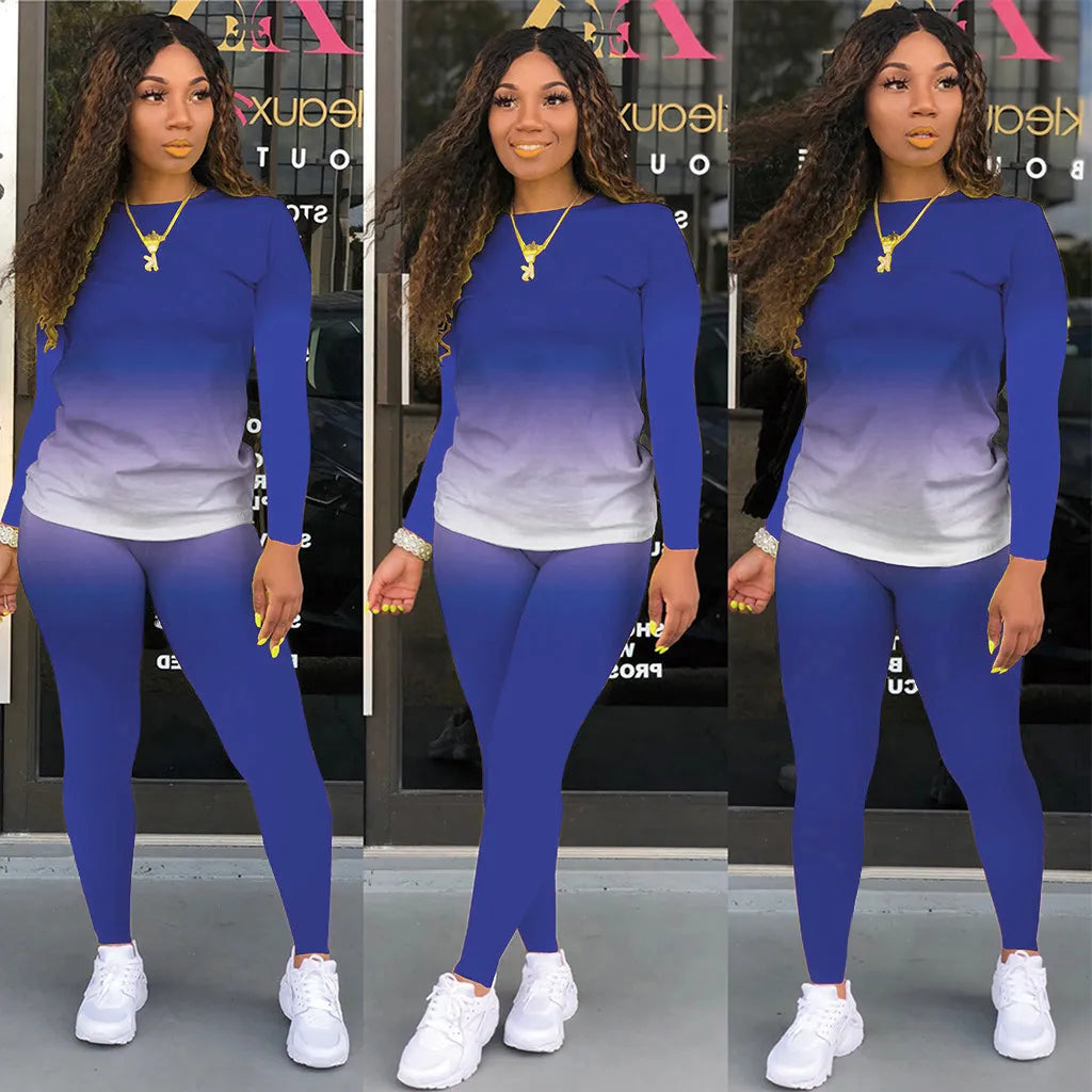 Gradient Colorblock Long-Sleeved Ladies Top + Leggings 2-Piece Set