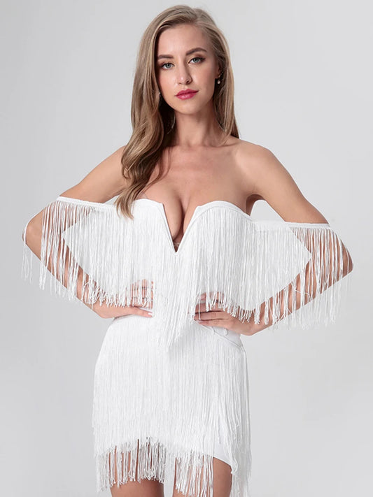 Off-the-Shoulder Tassel Fringe Design Bandage Strapless Zipper Back V-Neck Mini Formal Bodycon Party Dress