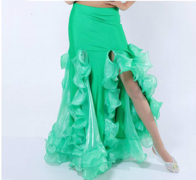 Ruffled Floral Solid Color High Slit Floor Length Formal Dancer Maxi Skirt