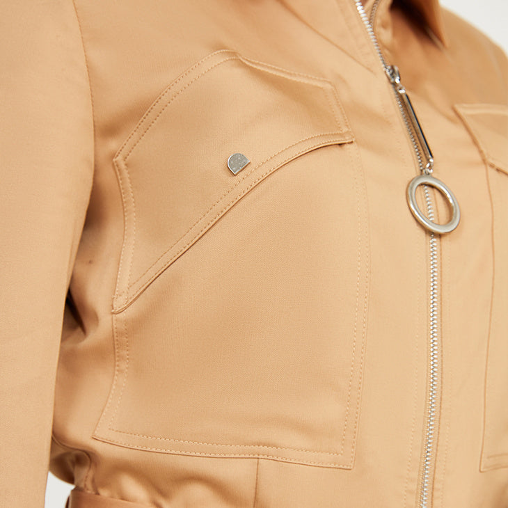 Rivet Turn-Down Collar Long Sleeve Skinny Solid Color Women's Zipper Jumpsuit w/ Sash Belt