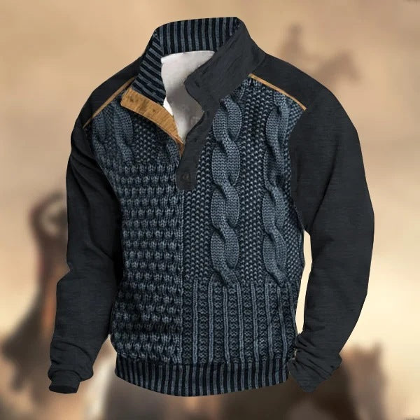 Men's Knitted Buckle Weave Pattern Mandarin Collar Long Sleeve Sweater