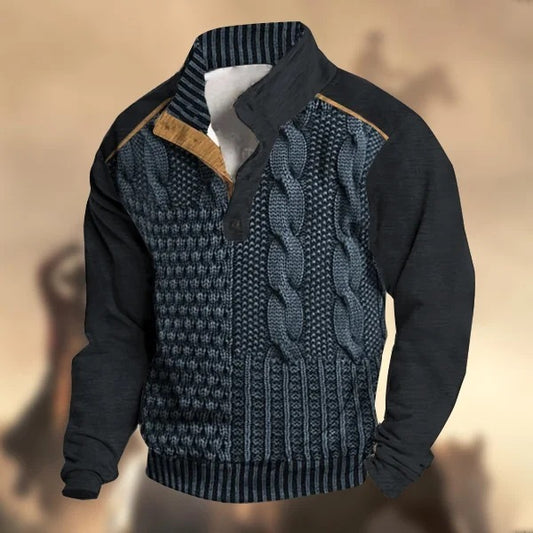Men's Knitted Buckle Weave Pattern Mandarin Collar Long Sleeve Sweater