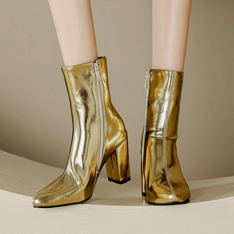 Metallic Silver/Gold Pointed Toe Thick Heel Women's Side Zipper Ankle Boots