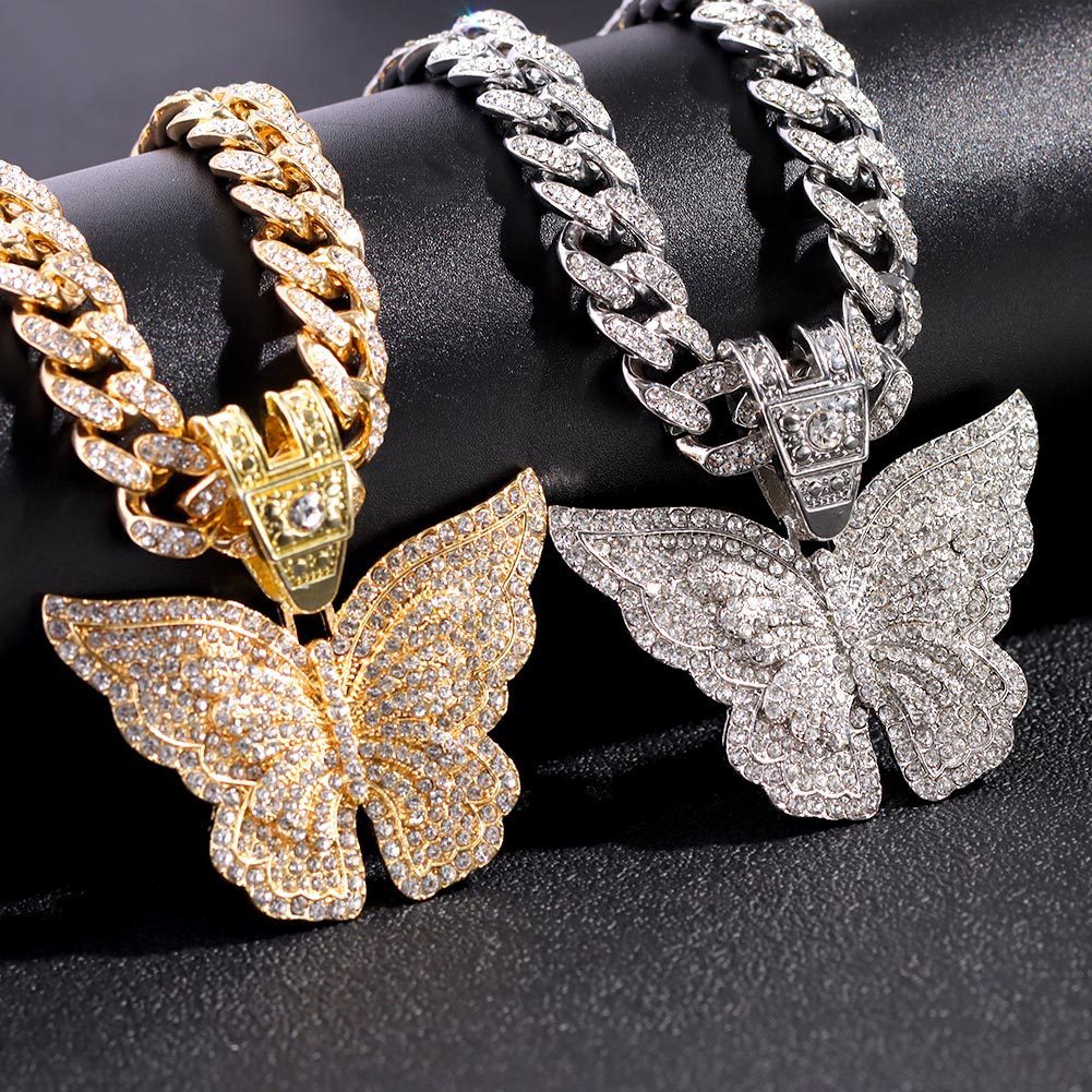 Iced-Out Large Diamond Silver/Gold Butterfly Pendant Cuban Chain Necklace-5 Sizes
