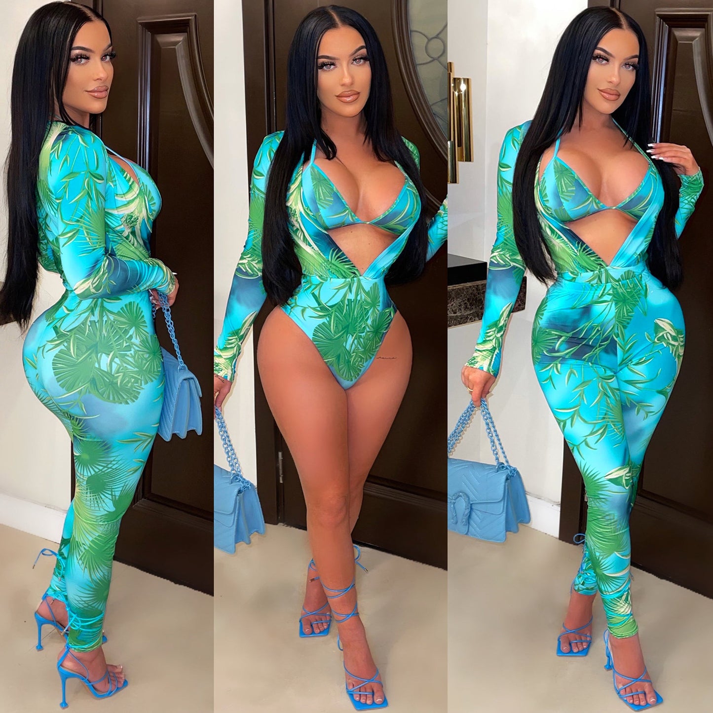 Turquoise/Green Printed Bikini Top + Deep V-Neck Long Sleeve Bodysuit + Skin Tight Leggings 3-Piece Set