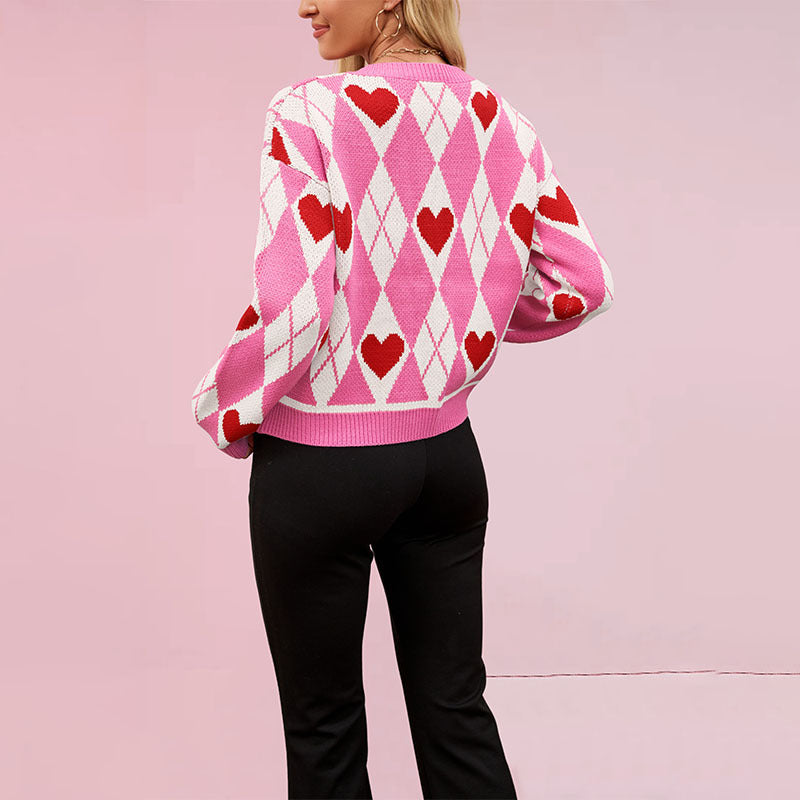 Valentine Heart Argyle Plaid Print Women's Knitted Button-Up Cardigan Sweater